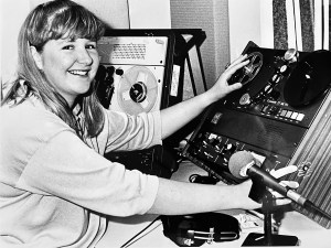 Kim V. Goldsmith working as a radio reporter editing reel-to-reel tape in the ABC Western Plains studios in Dubbo in 1993.